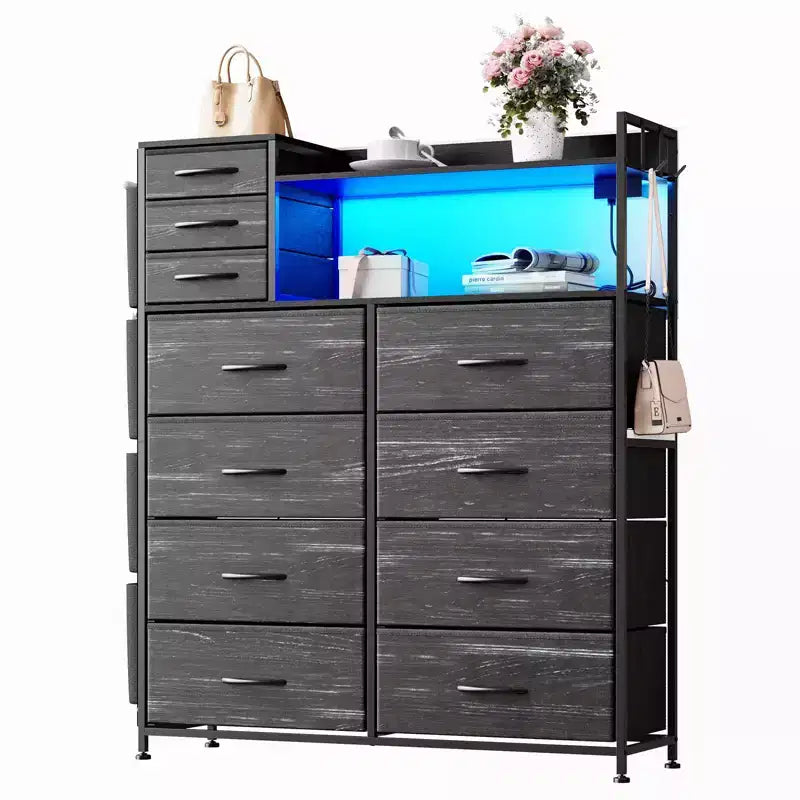 Commode de chambre, commode de rangement en tissu à 11 tiroirs avec station de charge et lumières