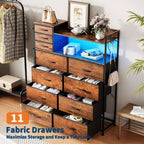 Commode de chambre, commode de rangement en tissu à 11 tiroirs avec station de charge et lumières