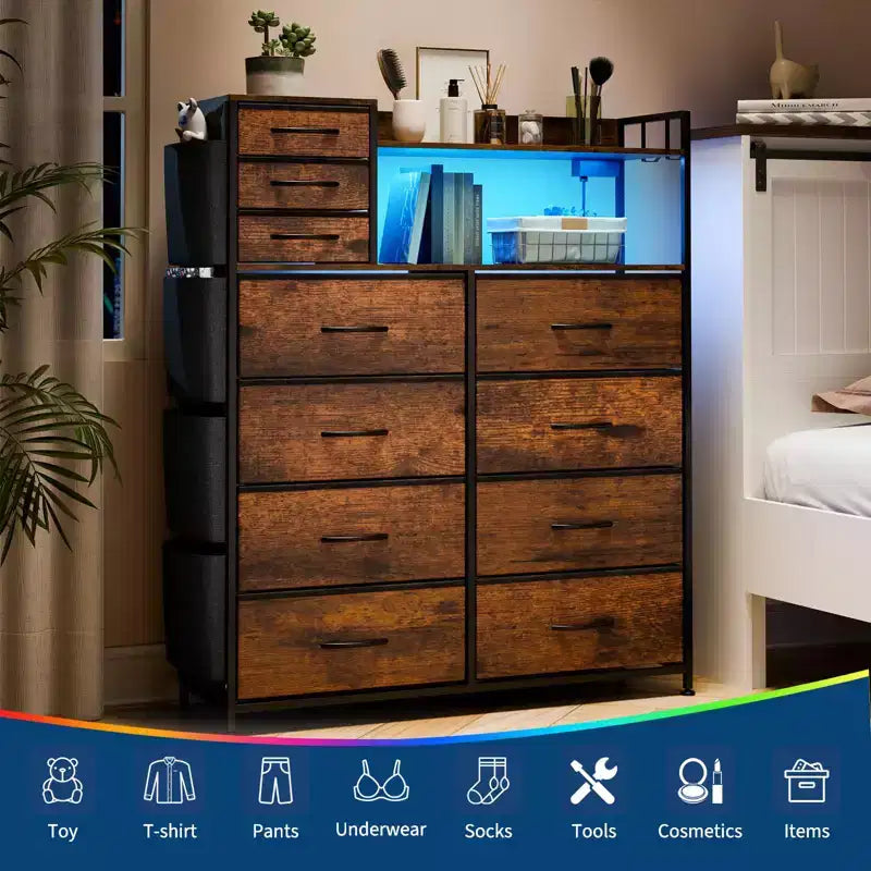 Commode de chambre, commode de rangement en tissu à 11 tiroirs avec station de charge et lumières
