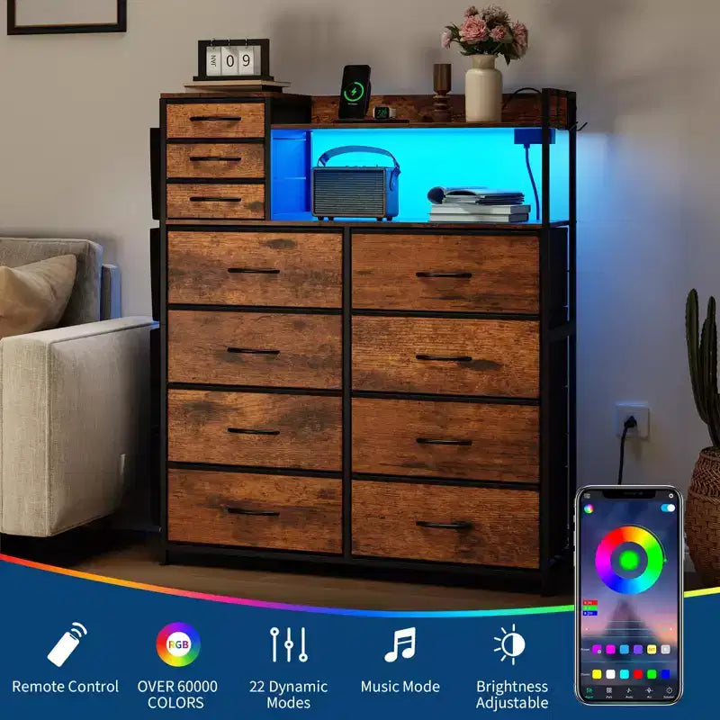 Commode de chambre, commode de rangement en tissu à 11 tiroirs avec station de charge et lumières