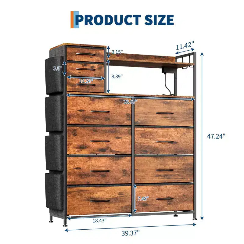 Commode de chambre, commode de rangement en tissu à 11 tiroirs avec station de charge et lumières