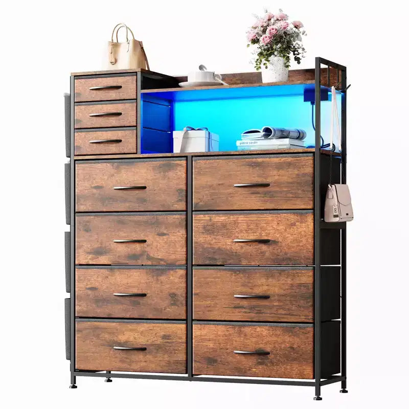 Commode de chambre, commode de rangement en tissu à 11 tiroirs avec station de charge et lumières