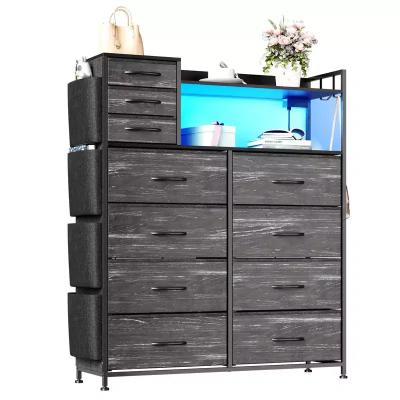 Commode de chambre, commode de rangement en tissu à 11 tiroirs avec station de charge et lumières