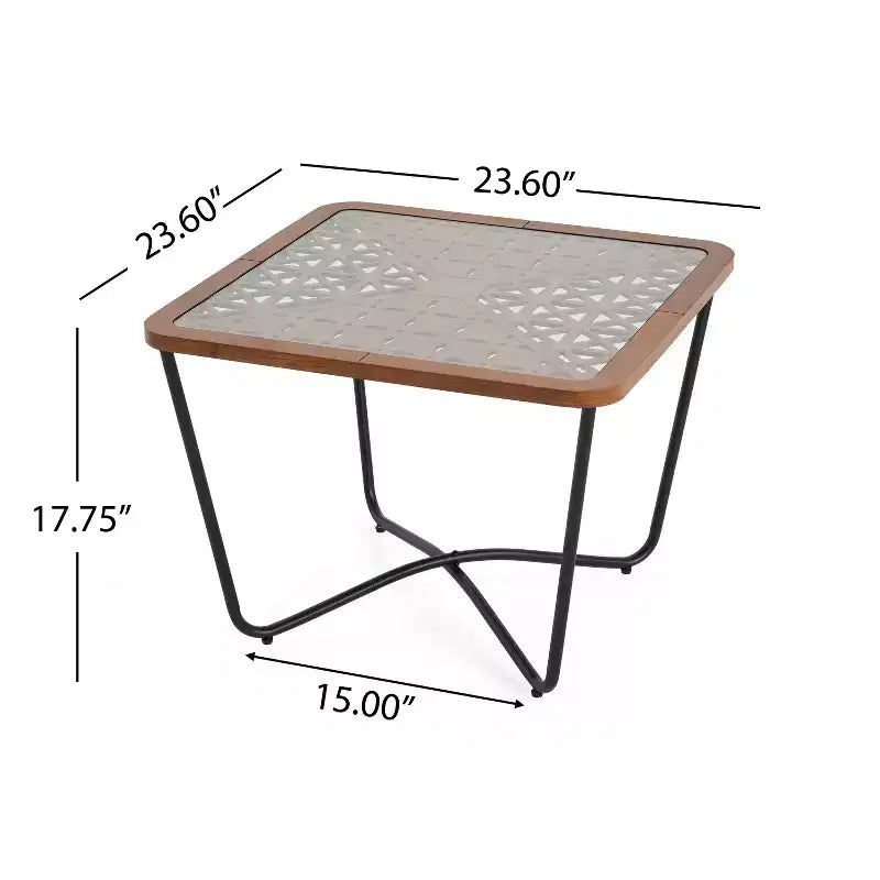 Table basse carrée moderne 58 cm – Plateau en verre trempé et motif ajouré géométrique