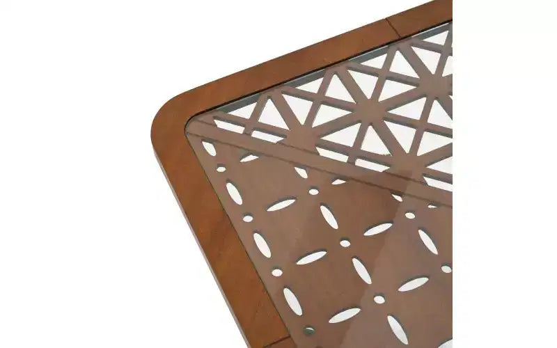 Table basse carrée moderne 58 cm – Plateau en verre trempé et motif ajouré géométrique