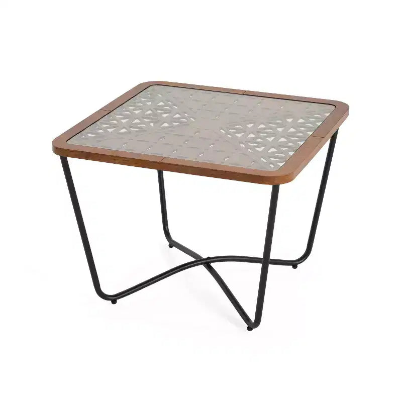 Table basse carrée moderne 58 cm – Plateau en verre trempé et motif ajouré géométrique