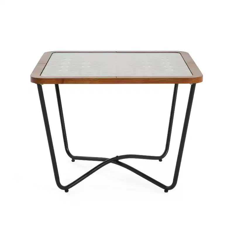 Table basse carrée moderne 58 cm – Plateau en verre trempé et motif ajouré géométrique