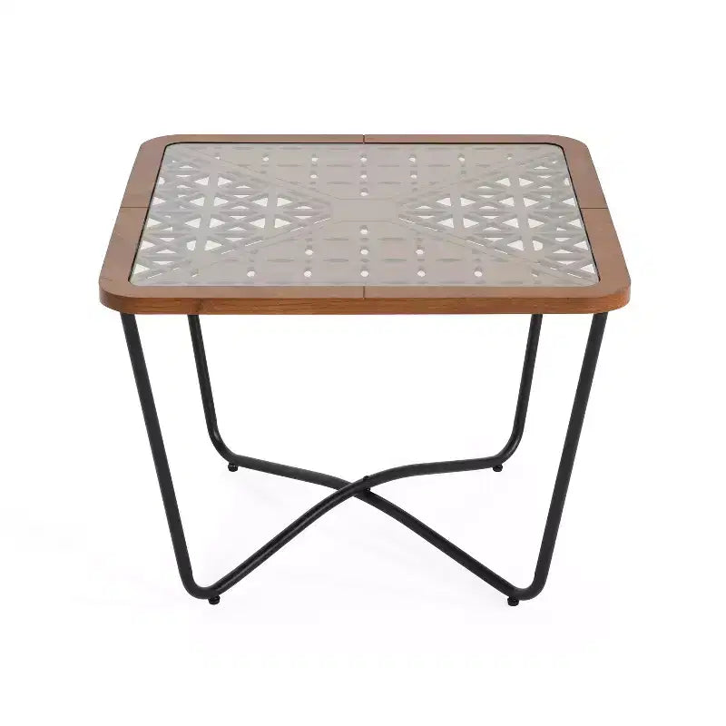 Table basse carrée moderne 58 cm – Plateau en verre trempé et motif ajouré géométrique
