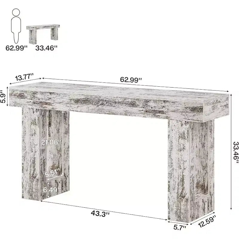 Console rustique de 160 cm – Table d'appoint rectangulaire en bois blanc vieilli