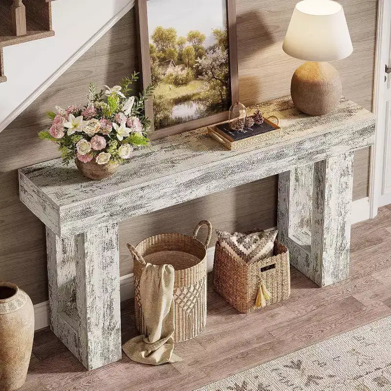 Console rustique de 160 cm – Table d'appoint rectangulaire en bois blanc vieilli