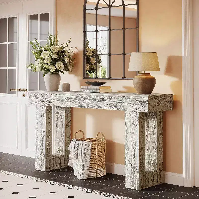 Console rustique de 160 cm – Table d'appoint rectangulaire en bois blanc vieilli