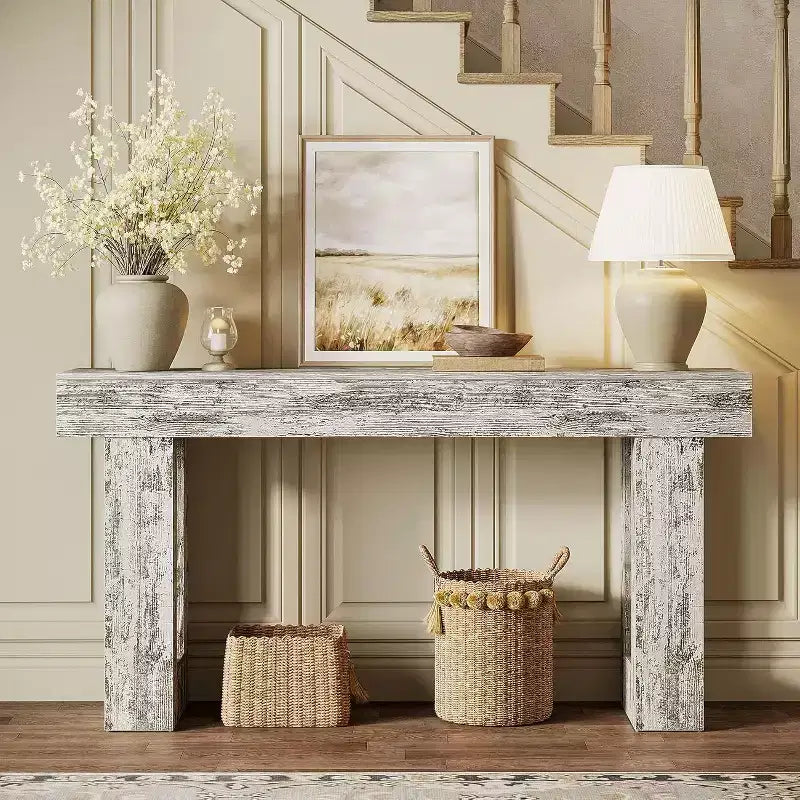 Console rustique de 160 cm – Table d'appoint rectangulaire en bois blanc vieilli