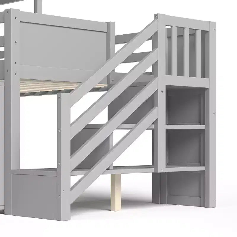 Lit mezzanine jumeau de style maison avec toboggan, 3 tiroirs et bureau rétractable