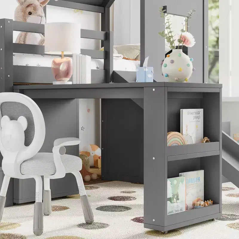 Lit mezzanine jumeau de style maison avec toboggan, 3 tiroirs et bureau rétractable
