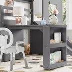 Lit mezzanine jumeau de style maison avec toboggan, 3 tiroirs et bureau rétractable