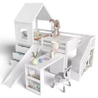 Lit mezzanine jumeau de style maison avec toboggan, 3 tiroirs et bureau rétractable
