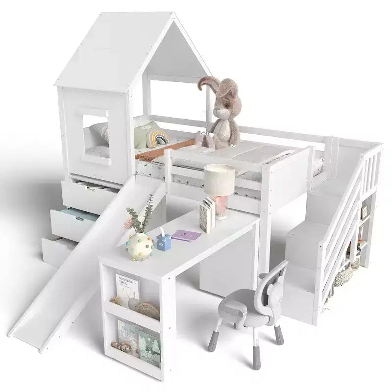 Lit mezzanine jumeau de style maison avec toboggan, 3 tiroirs et bureau rétractable