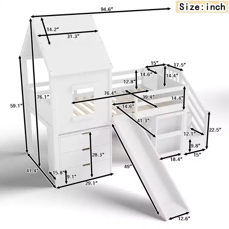 Lit mezzanine jumeau de style maison avec toboggan, 3 tiroirs et bureau rétractable