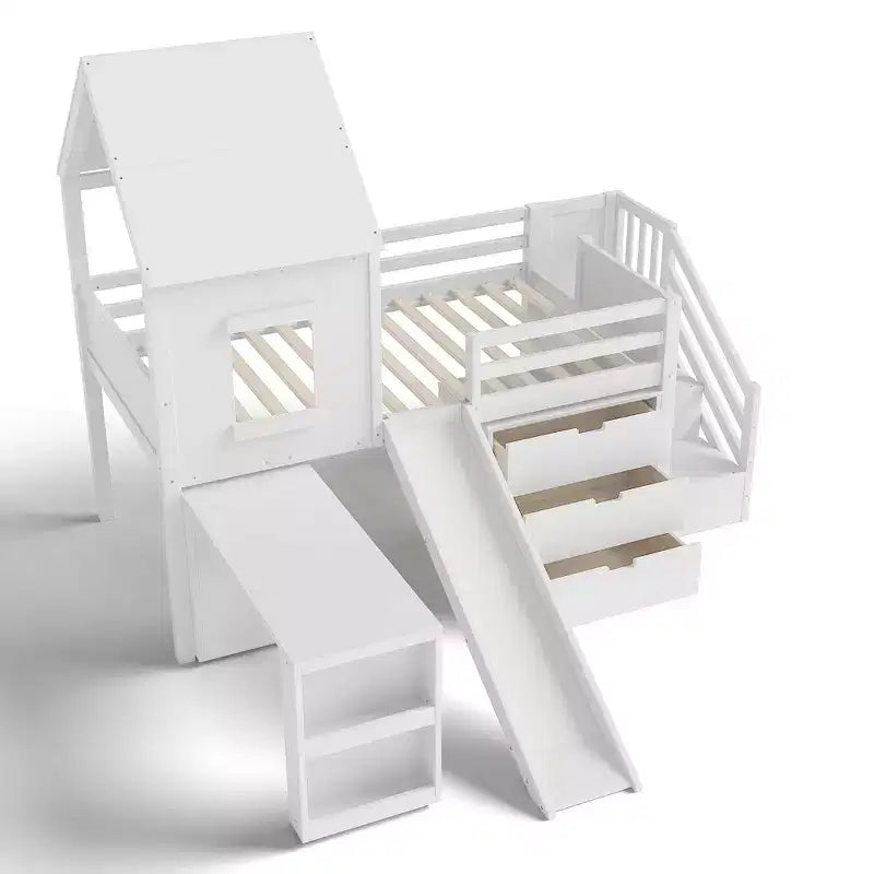 Lit mezzanine jumeau de style maison avec toboggan, 3 tiroirs et bureau rétractable