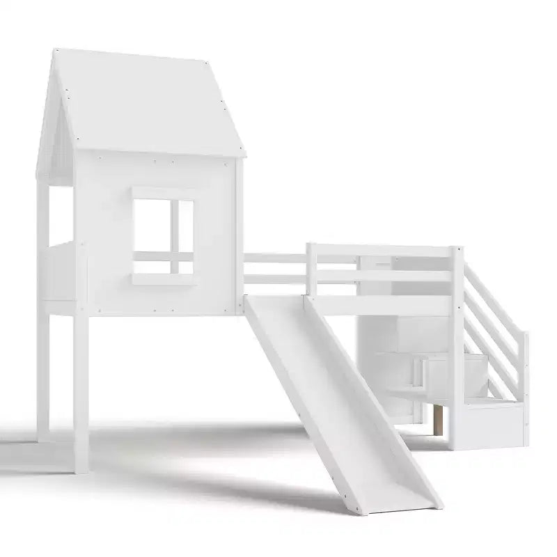 Lit mezzanine jumeau de style maison avec toboggan, 3 tiroirs et bureau rétractable