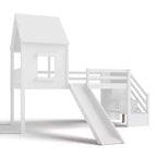 Lit mezzanine jumeau de style maison avec toboggan, 3 tiroirs et bureau rétractable