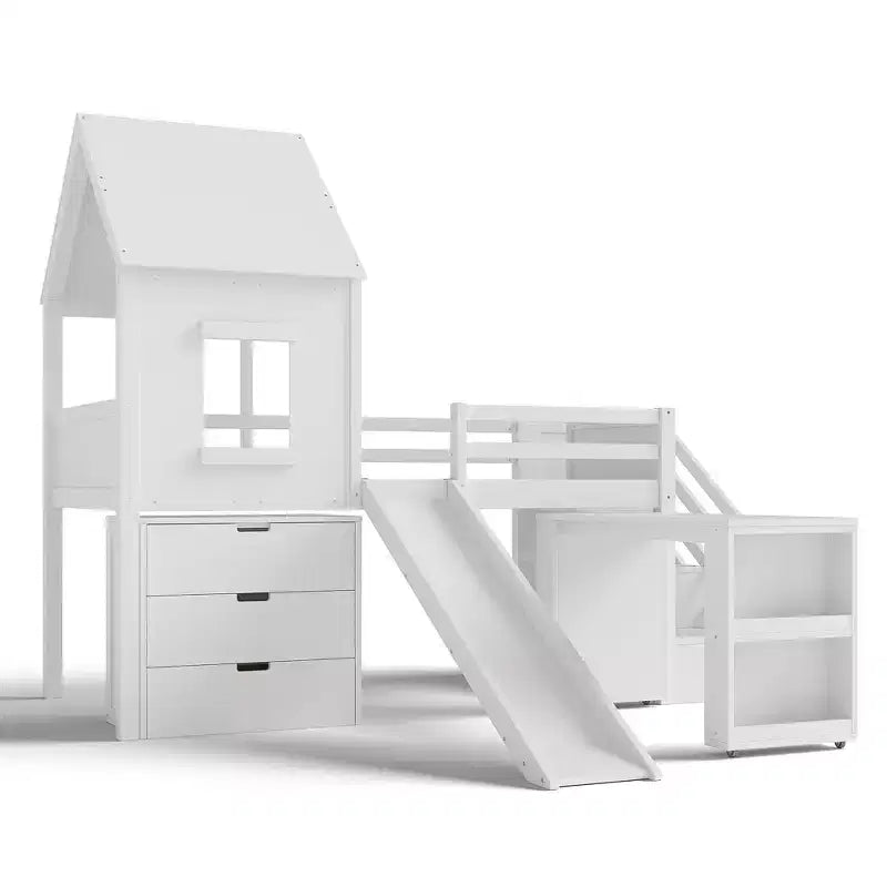 Lit mezzanine jumeau de style maison avec toboggan, 3 tiroirs et bureau rétractable