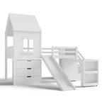Lit mezzanine jumeau de style maison avec toboggan, 3 tiroirs et bureau rétractable