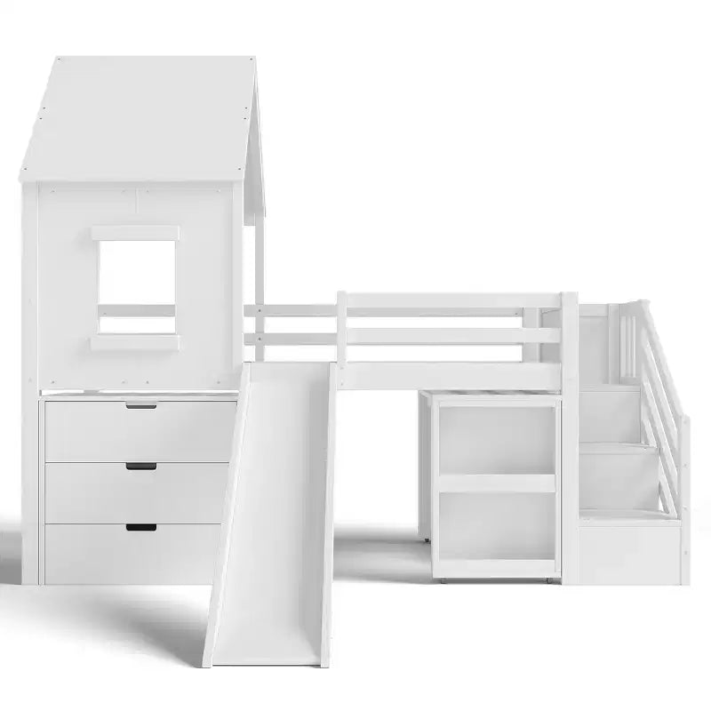Lit mezzanine jumeau de style maison avec toboggan, 3 tiroirs et bureau rétractable