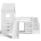 Lit mezzanine jumeau de style maison avec toboggan, 3 tiroirs et bureau rétractable