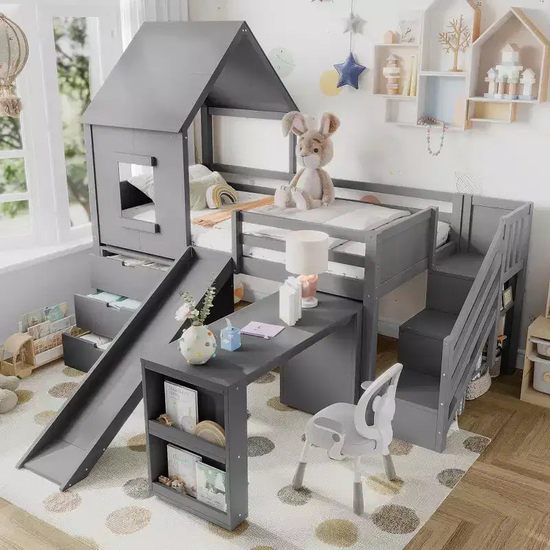 Lit mezzanine jumeau de style maison avec toboggan, 3 tiroirs et bureau rétractable