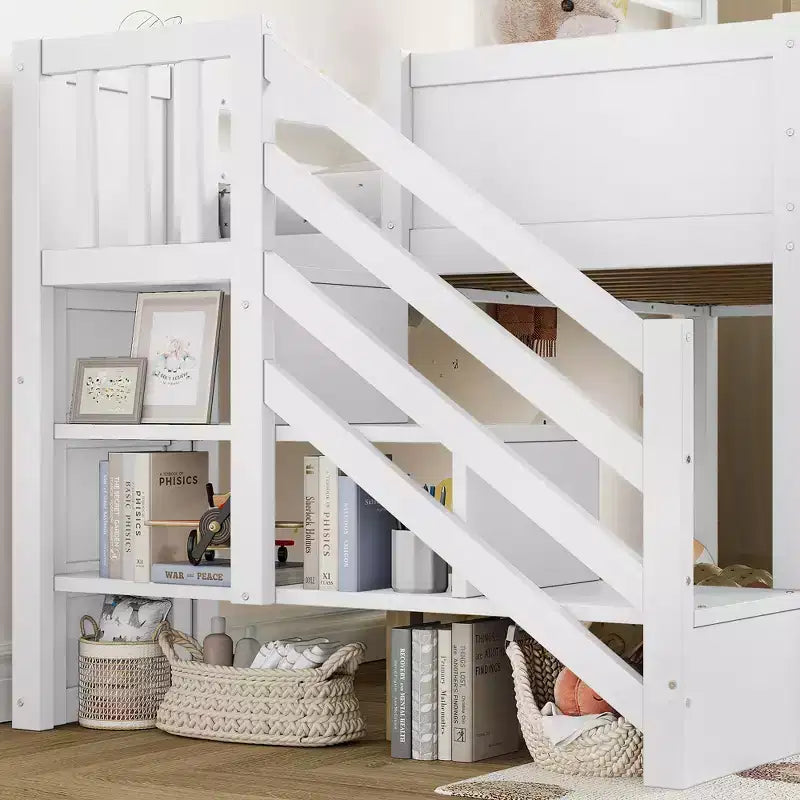 Lit mezzanine jumeau de style maison avec toboggan, 3 tiroirs et bureau rétractable