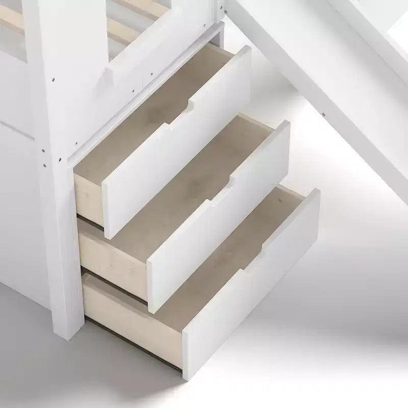 Lit mezzanine jumeau de style maison avec toboggan, 3 tiroirs et bureau rétractable