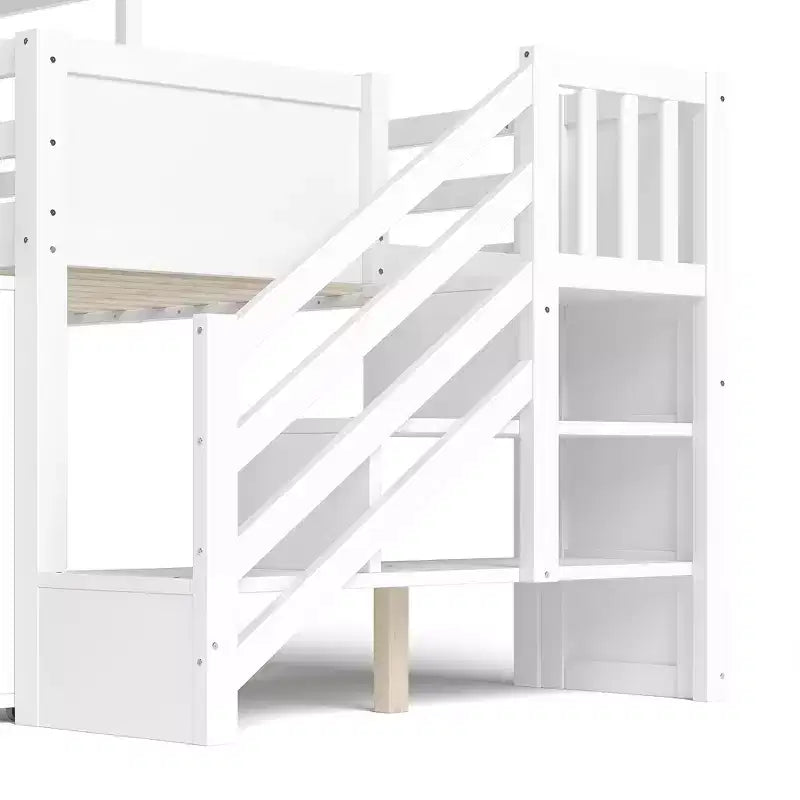 Lit mezzanine jumeau de style maison avec toboggan, 3 tiroirs et bureau rétractable