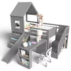 Lit mezzanine jumeau de style maison avec toboggan, 3 tiroirs et bureau rétractable