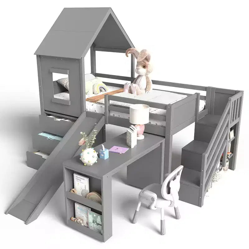 Lit mezzanine jumeau de style maison avec toboggan, 3 tiroirs et bureau rétractable