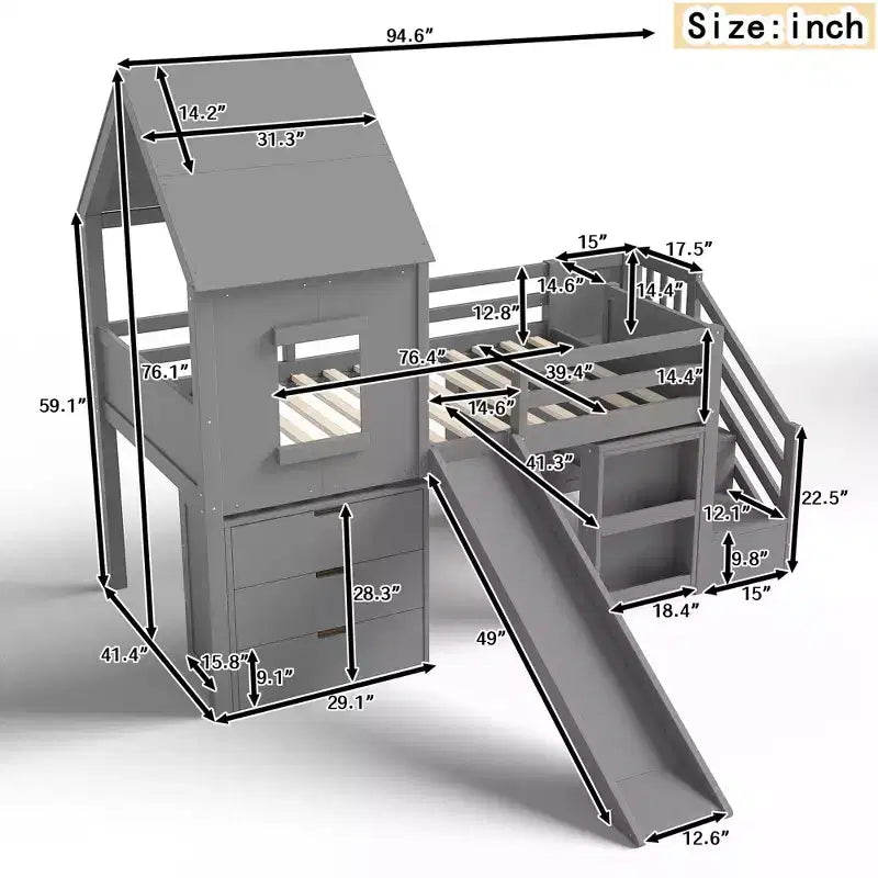Lit mezzanine jumeau de style maison avec toboggan, 3 tiroirs et bureau rétractable