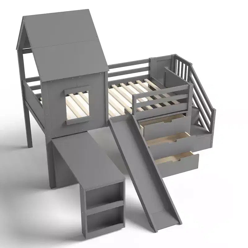 Lit mezzanine jumeau de style maison avec toboggan, 3 tiroirs et bureau rétractable