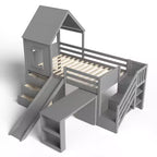 Lit mezzanine jumeau de style maison avec toboggan, 3 tiroirs et bureau rétractable