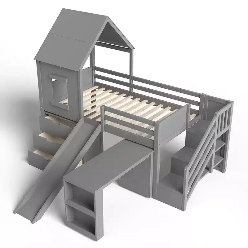 Lit mezzanine jumeau de style maison avec toboggan, 3 tiroirs et bureau rétractable