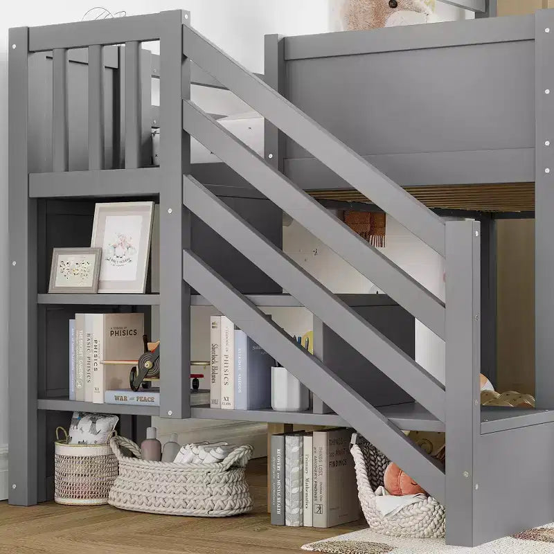 Lit mezzanine jumeau de style maison avec toboggan, 3 tiroirs et bureau rétractable