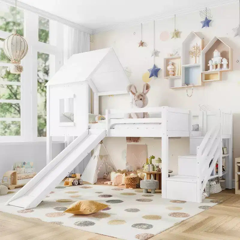 Lit mezzanine jumeau de style maison avec toboggan, 3 tiroirs et bureau rétractable