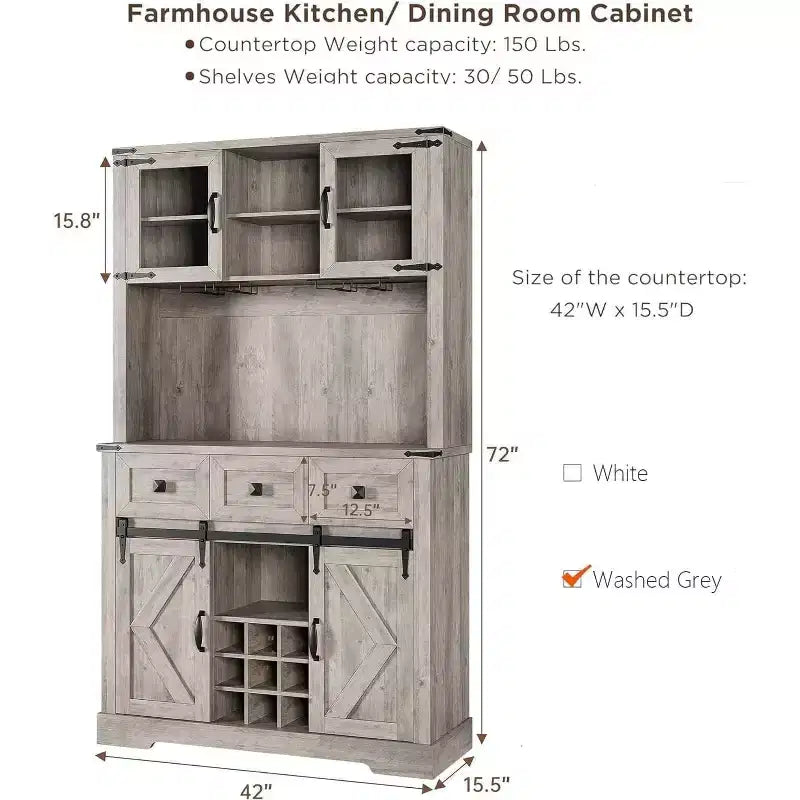 Meuble bar de ferme de 183 cm avec porte coulissante de style grange, 3 tiroirs et casier à vin