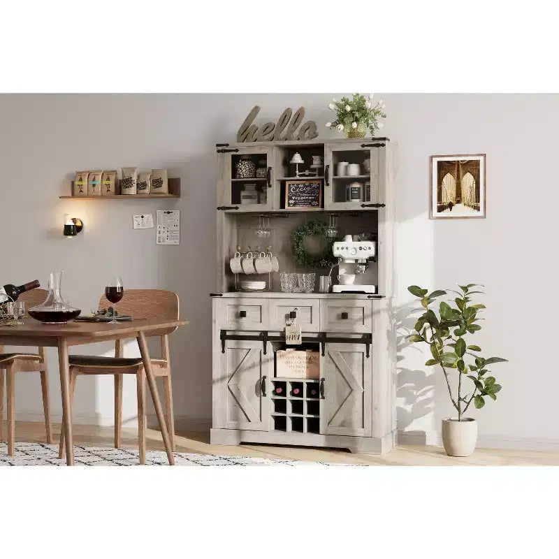 Meuble bar de ferme de 183 cm avec porte coulissante de style grange, 3 tiroirs et casier à vin