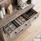 Meuble bar de ferme de 183 cm avec porte coulissante de style grange, 3 tiroirs et casier à vin