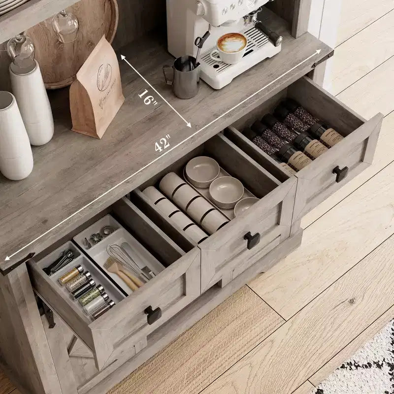 Meuble bar de ferme de 183 cm avec porte coulissante de style grange, 3 tiroirs et casier à vin