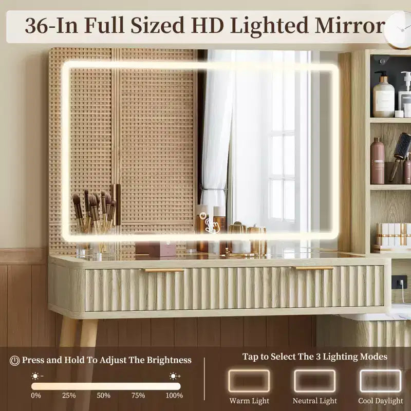 Coiffeuse de 36 po avec miroir éclairé – Finition blanc et chêne, miroir LED, tiroirs