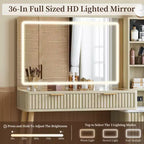 Coiffeuse de 36 po avec miroir éclairé – Finition blanc et chêne, miroir LED, tiroirs