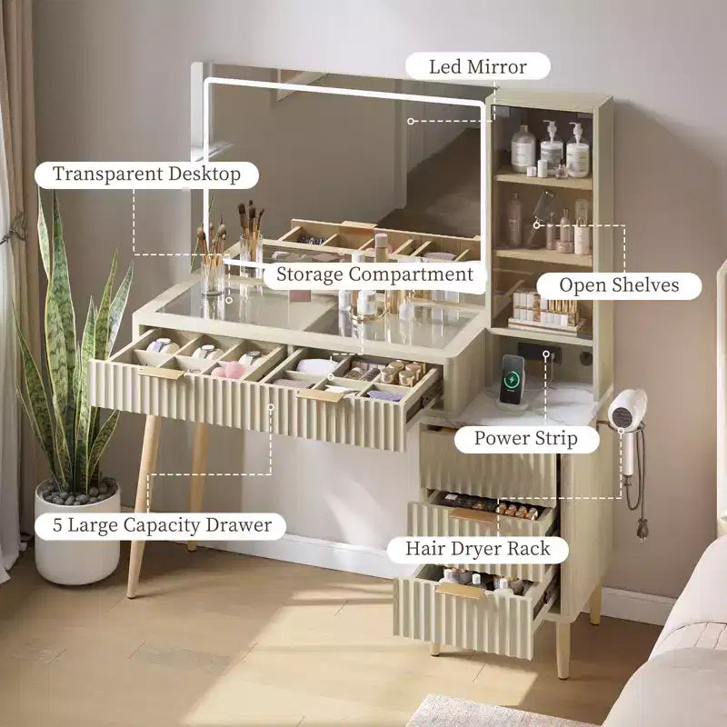 Coiffeuse de 36 po avec miroir éclairé – Finition blanc et chêne, miroir LED, tiroirs