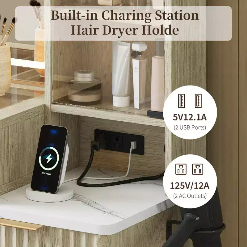 Coiffeuse de 36 po avec miroir éclairé – Finition blanc et chêne, miroir LED, tiroirs
