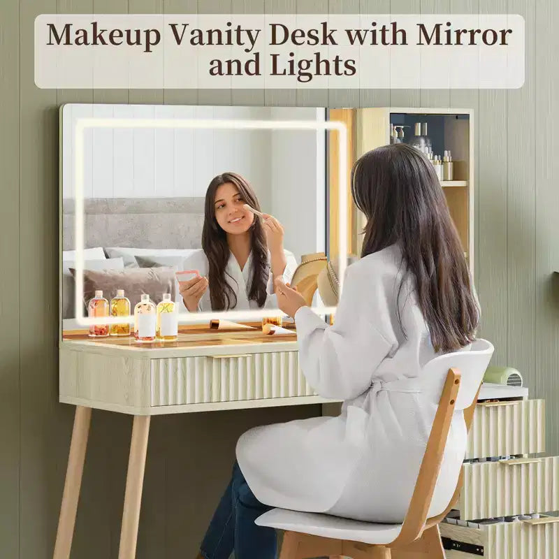 Coiffeuse de 36 po avec miroir éclairé – Finition blanc et chêne, miroir LED, tiroirs